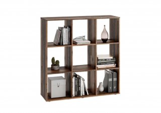 Bibliothèque design carrée MONTPELLIER coloris bois vieilli old style foncé 2 plateaux fixes 9 casiers